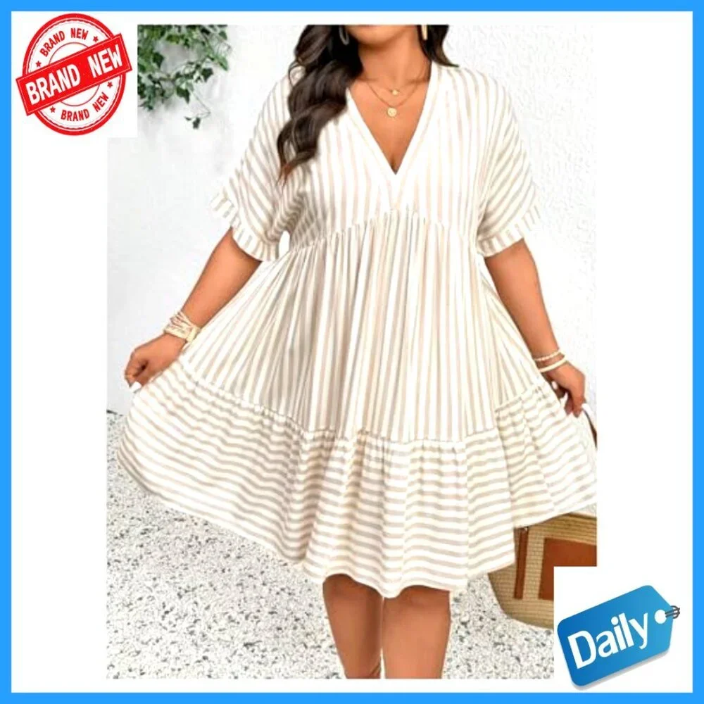 Plus Size Striped Ruffle Dress Deep V Neck Half Sleeve Flowy Babydoll - Picture 3 of 5